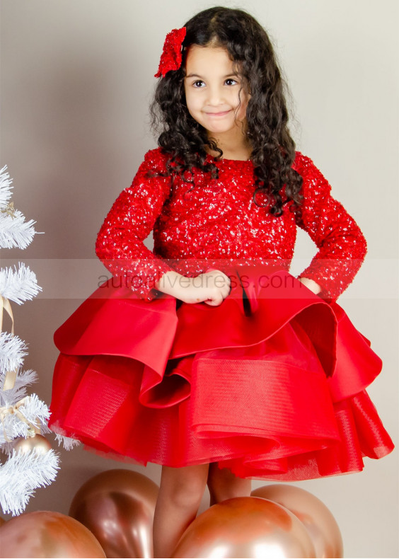 Red Sequins Satin Christmas Party Flower Girl Dress